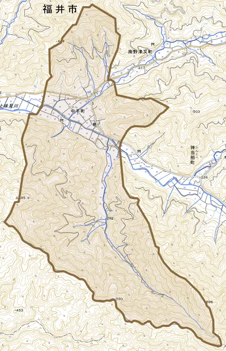 中手町とその周辺の地図。町の範囲を重ねている