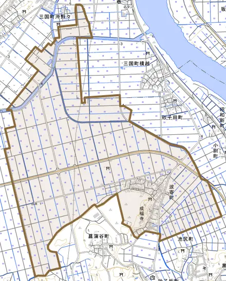 波寄町とその周辺の地図。町の範囲を重ねている