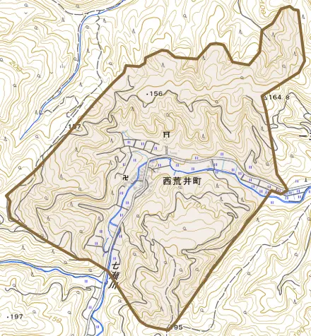 西荒井町とその周辺の地図。町の範囲を重ねている