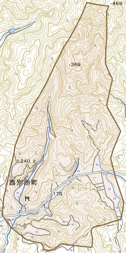 西別所町とその周辺の地図。町の範囲を重ねている