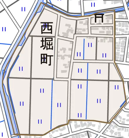 西堀町とその周辺の地図。町の範囲を重ねている