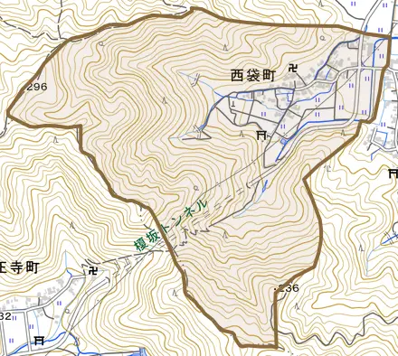 西袋町とその周辺の地図。町の範囲を重ねている