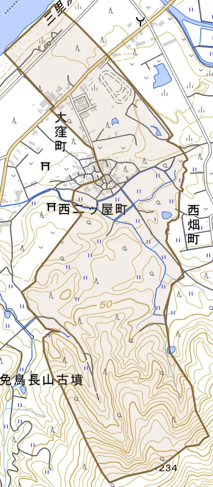 西二ツ屋町とその周辺の地図。町の範囲を重ねている