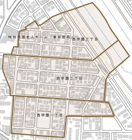 西学園とその周辺の地図。町の範囲を重ねている