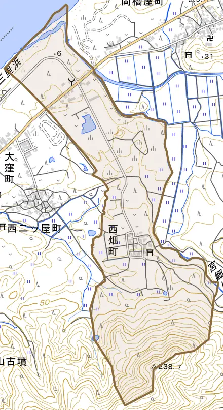 西畑町とその周辺の地図。町の範囲を重ねている