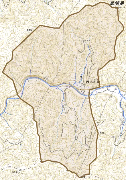 西市布町とその周辺の地図。町の範囲を重ねている