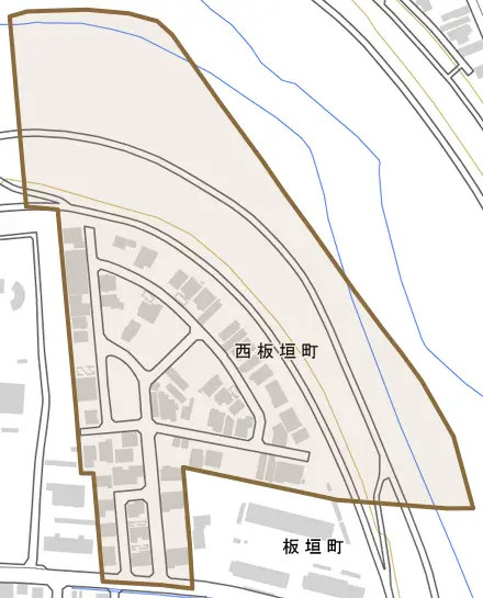 西板垣町とその周辺の地図。町の範囲を重ねている