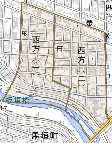 西方とその周辺の地図。町の範囲を重ねている