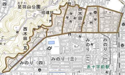 西木田とその周辺の地図。町の範囲を重ねている