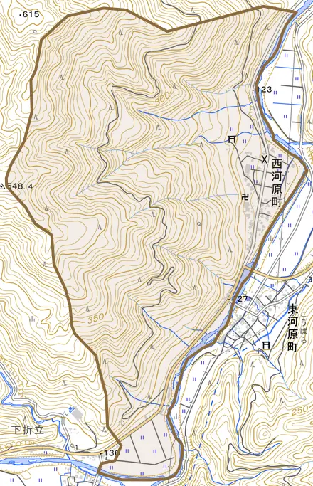 西河原町とその周辺の地図。町の範囲を重ねている