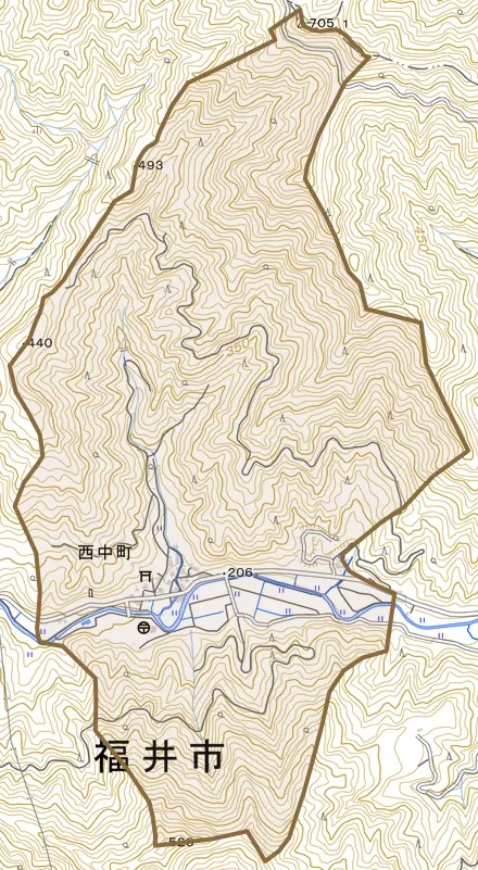 西中町とその周辺の地図。町の範囲を重ねている