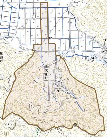 西大味町とその周辺の地図。町の範囲を重ねている