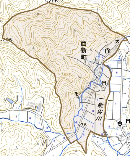西新町とその周辺の地図。町の範囲を重ねている