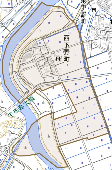 西下野町とその周辺の地図。町の範囲を重ねている
