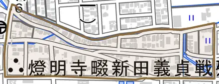 新田塚町とその周辺の地図。町の範囲を重ねている