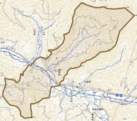 縫原町とその周辺の地図。町の範囲を重ねている
