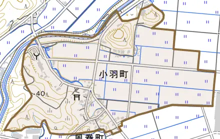 小羽町とその周辺の地図。町の範囲を重ねている
