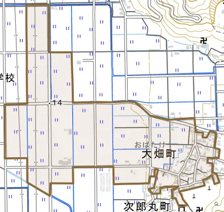大畑町とその周辺の地図。町の範囲を重ねている