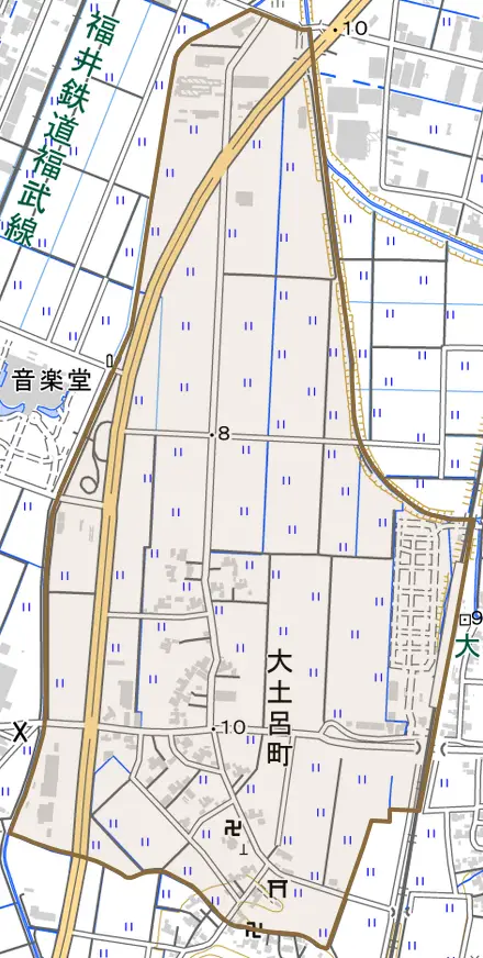大土呂町とその周辺の地図。町の範囲を重ねている