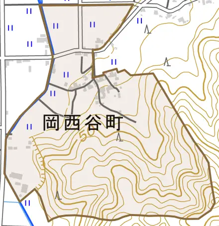 岡西谷町とその周辺の地図。町の範囲を重ねている