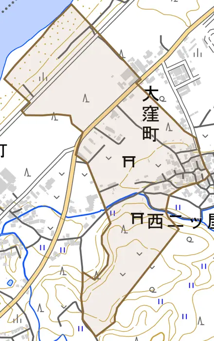 大窪町とその周辺の地図。町の範囲を重ねている