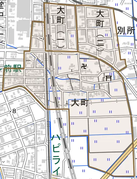 大町とその周辺の地図。町の範囲を重ねている
