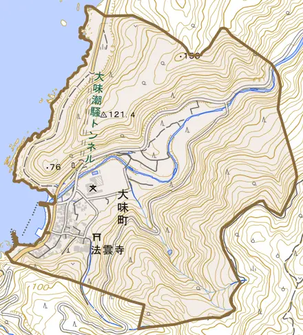 大味町とその周辺の地図。町の範囲を重ねている