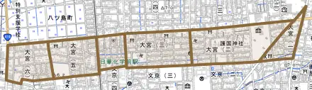 大宮とその周辺の地図。町の範囲を重ねている