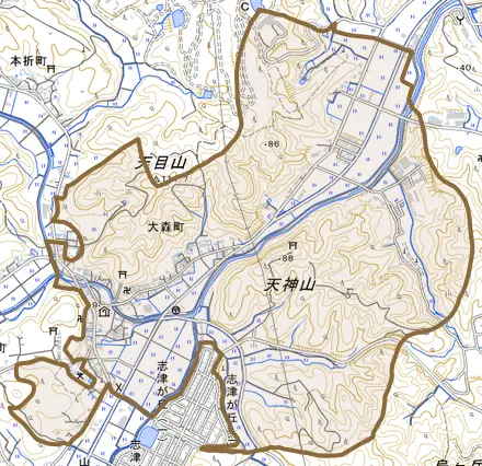 大森町とその周辺の地図。町の範囲を重ねている
