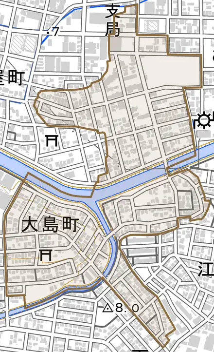 大島町とその周辺の地図。町の範囲を重ねている