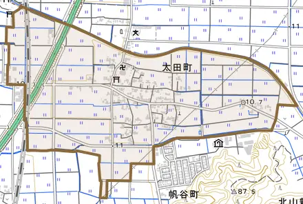 太田町とその周辺の地図。町の範囲を重ねている
