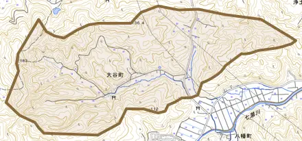 大谷町とその周辺の地図。町の範囲を重ねている