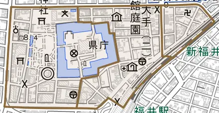 大手とその周辺の地図。町の範囲を重ねている