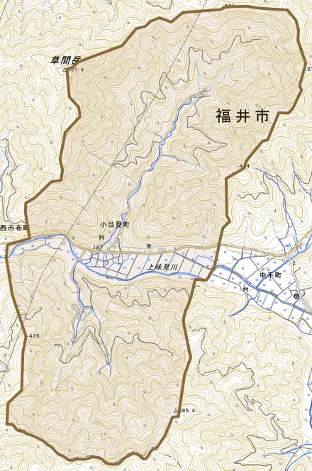 小当見町とその周辺の地図。町の範囲を重ねている
