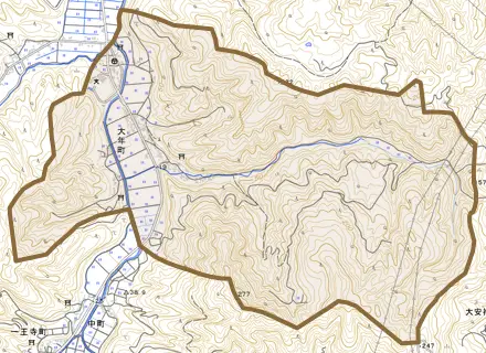 大年町とその周辺の地図。町の範囲を重ねている