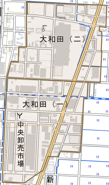 大和田とその周辺の地図。町の範囲を重ねている