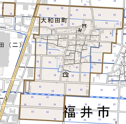 大和田町とその周辺の地図。町の範囲を重ねている