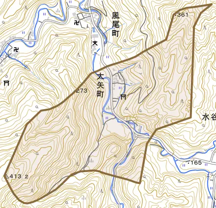 大矢町とその周辺の地図。町の範囲を重ねている