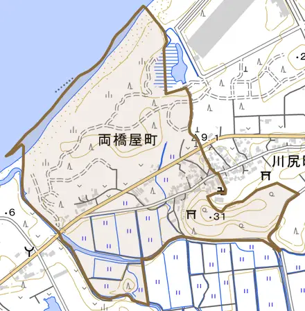 両橋屋町とその周辺の地図。町の範囲を重ねている