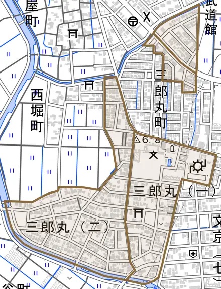 三郎丸とその周辺の地図。町の範囲を重ねている