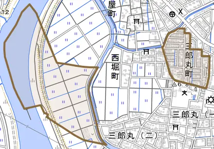 三郎丸町とその周辺の地図。町の範囲を重ねている