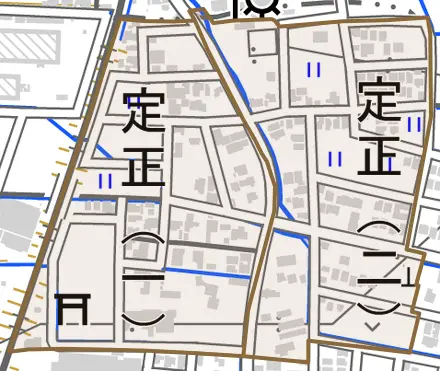 定正とその周辺の地図。町の範囲を重ねている