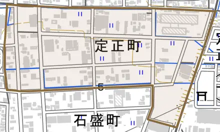 定正町とその周辺の地図。町の範囲を重ねている