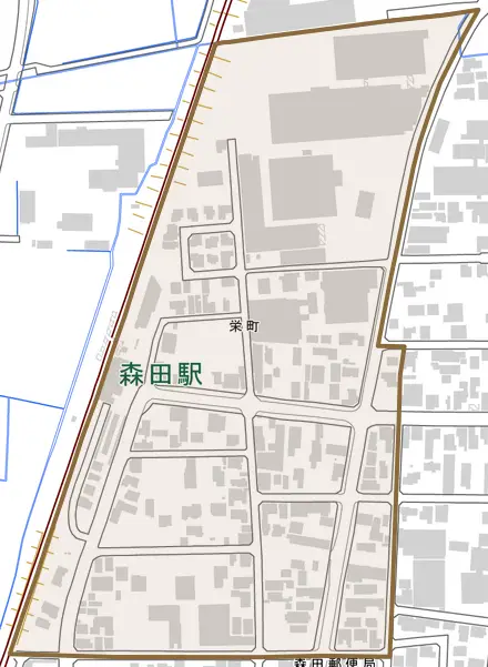 栄町とその周辺の地図。町の範囲を重ねている