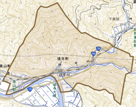 境寺町とその周辺の地図。町の範囲を重ねている