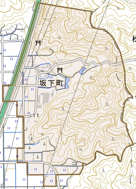 坂下町とその周辺の地図。町の範囲を重ねている