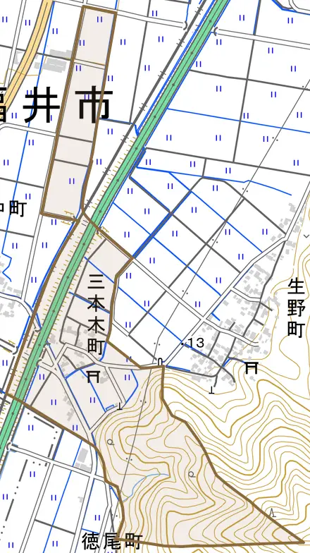 三本木町とその周辺の地図。町の範囲を重ねている