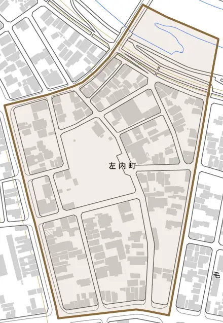左内町とその周辺の地図。町の範囲を重ねている