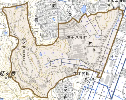 三十八社町とその周辺の地図。町の範囲を重ねている