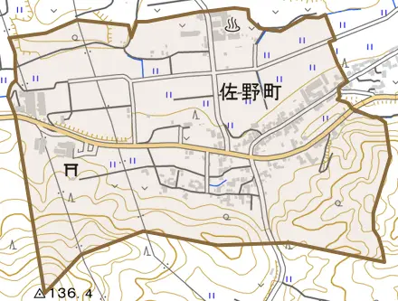 佐野町とその周辺の地図。町の範囲を重ねている